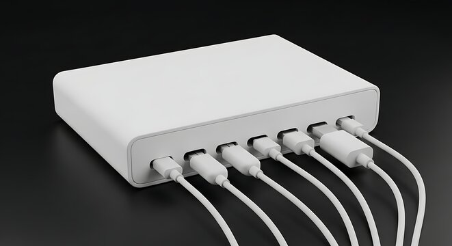 White multi port USB charger station with connected cables for device power management charging efficiency and technology