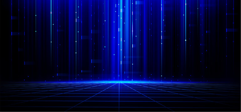 Futuristic tech background with blue rays and grid floor. Vector realistic illustration of abstract digital space with vertical neon light lines glowing on black backdrop, energy motion effect