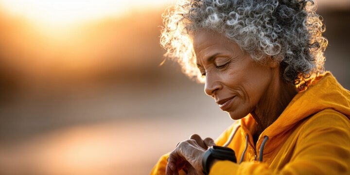 Senior woman with curly gray hair checks her smartwatch during a golden hour outdoor workout session