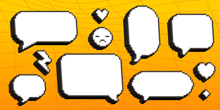Pixel 3D speech bubbles and emoji icons for retro messenger design. Vector illustration set of empty isometric text clouds, sad smiley, heart and lightning, creative 90s style computer graphics