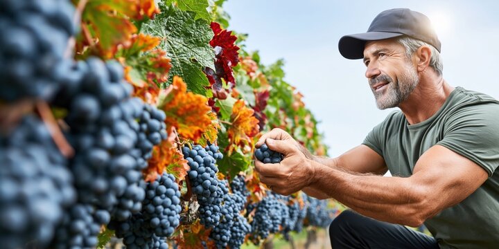 Vineyard worker harvests ripe grapes in autumn sunlight