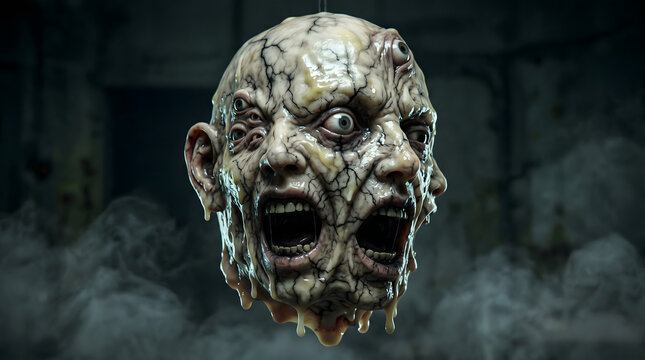 Horrifying two-faced zombie head with decaying skin and empty eyes, smoke effect