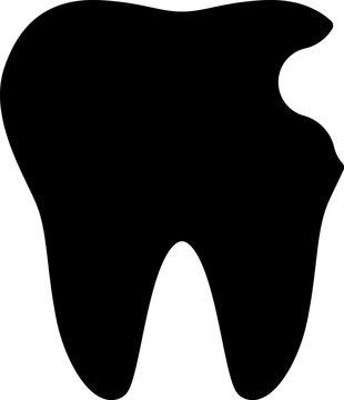 Bitten tooth silhouette icon flat solid black with chip.