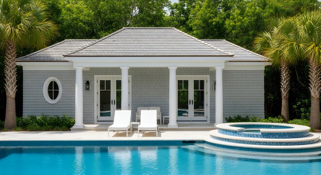 Luxury pool house with swimming pool and hot tub