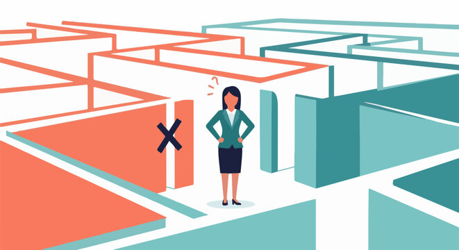 A woman stands perplexed in a maze with a red dead-end marked by an X