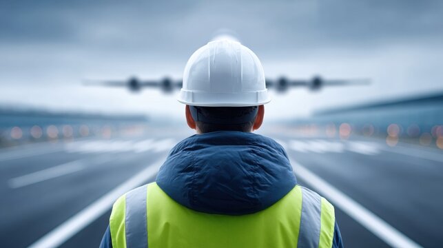 Male airport worker in safety vest and hard hat observes airplane on runway, cloudy sky and airport infrastructure visible in the background
