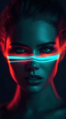 Close-up portrait of a woman with neon blue and red light streaks across her face © NovaVision