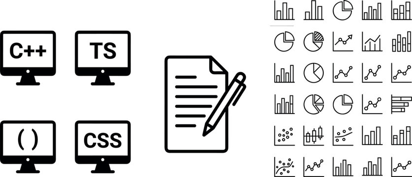 Programming Language, Analytics, and Data Chart Line Icon Set Vector Collection with Coding and Business Outline Symbols