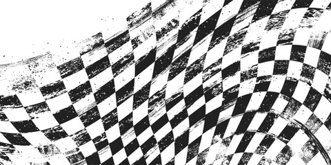 Distressed checkered flag background. Vector realistic illustration of scratched racing start and finish banner, black and white square pattern, rally event presentation, championship poster design © klyaksun