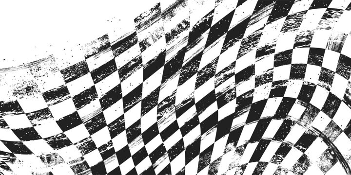 Distressed checkered flag background. Vector realistic illustration of scratched racing start and finish banner, black and white square pattern, rally event presentation, championship poster design