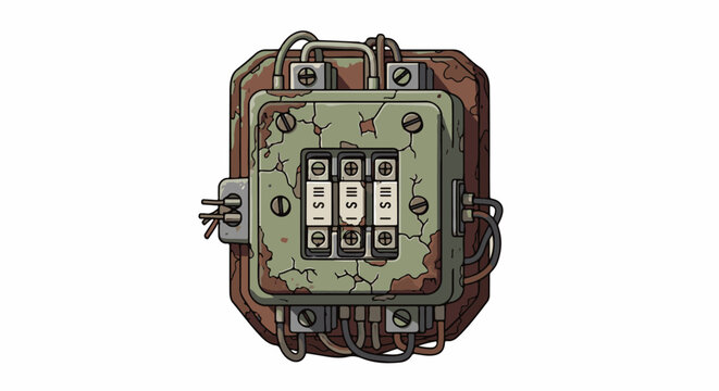 Aged electrical fuse box with three prominent fused switches, showing signs of wear and rust