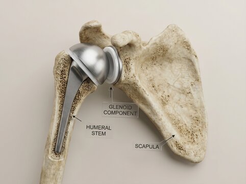Medical Illustration of a Shoulder Joint Replacement Prosthesis with Scapula and Humerus.