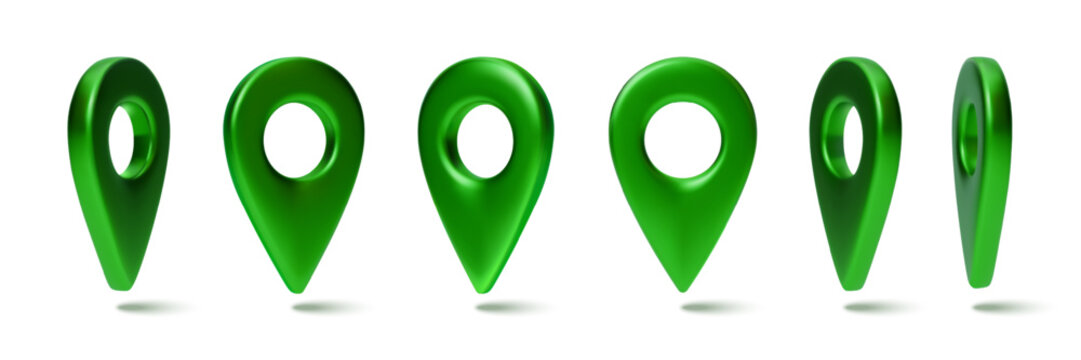Green 3D GPS marker set isolated on white background. Vector realistic illustration of location badge icons in different positions, navigation geotags for digital cartography, map app design element