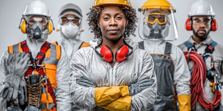 Diverse team of essential workers in protective gear ready for hazardous environments