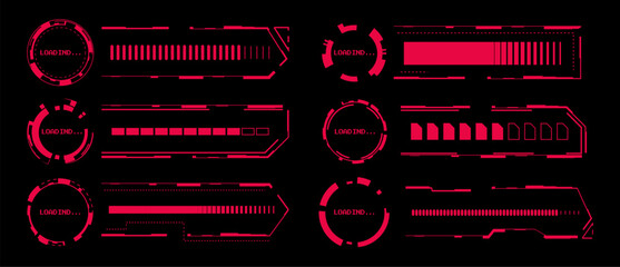 Naklejka na ściany i meble Futuristic HUD game interface with loading indicators and progress bar. Vector realistic illustration of red modern UI panel design for digital dashboard, tech control screen, data upload elements