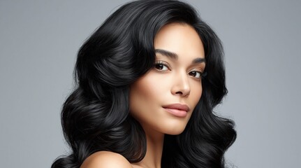 Naklejka premium Elegant beauty portrait showcasing radiant skin and luxurious hair
