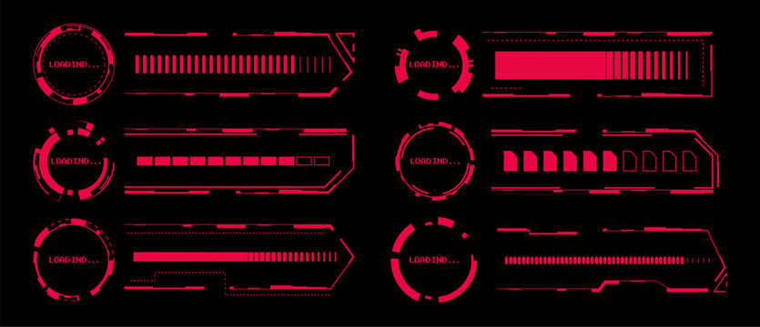 Futuristic HUD game interface with loading indicators and progress bar. Vector realistic illustration of red modern UI panel design for digital dashboard, tech control screen, data upload elements