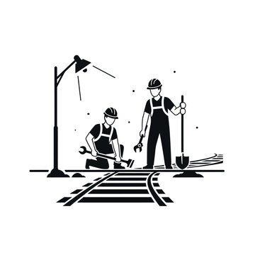 Two workers repairing train tracks.