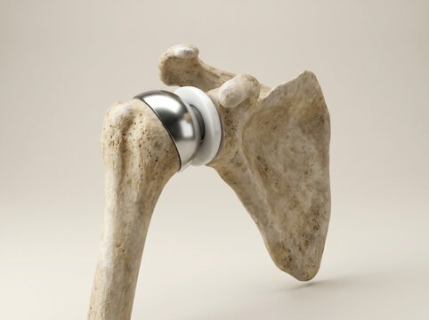 Total Shoulder Replacement Arthroplasty Medical Illustration on Bone.