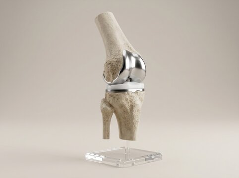 Anatomical model of human knee joint with prosthetic total knee replacement implant on stand.