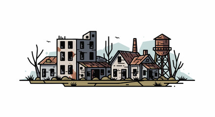 Naklejka premium Abandoned buildings, a water tower, and skeletal trees depict a desolate, ruined town with a somber atmosphere