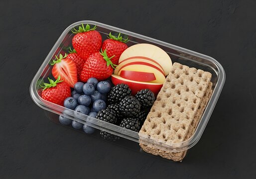 Fresh Fruit and Cracker Snack Box Arranged on Dark Table