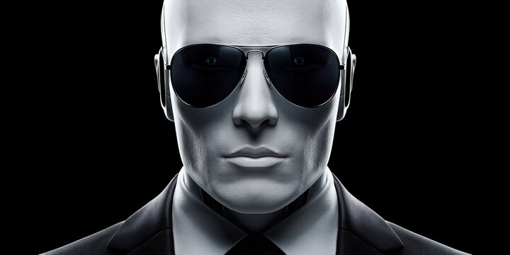 Futuristic secret agent robot with smooth matte white skin and dark sunglasses