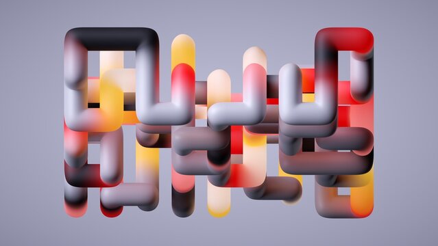 Abstract 3D shapes interlock in vibrant colors, creating a dynamic, layered composition with soft shadows and gradients. 3d render illustration.