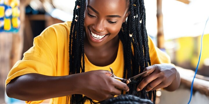 Smiling African woman with braided hair styling, using scissors in a vibrant outdoor setting