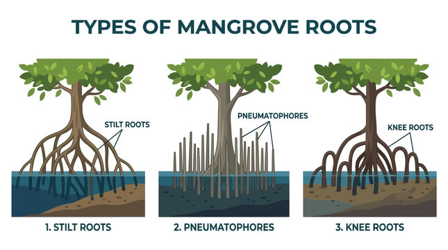 Illustration of Different Types of Mangrove Roots with Labels