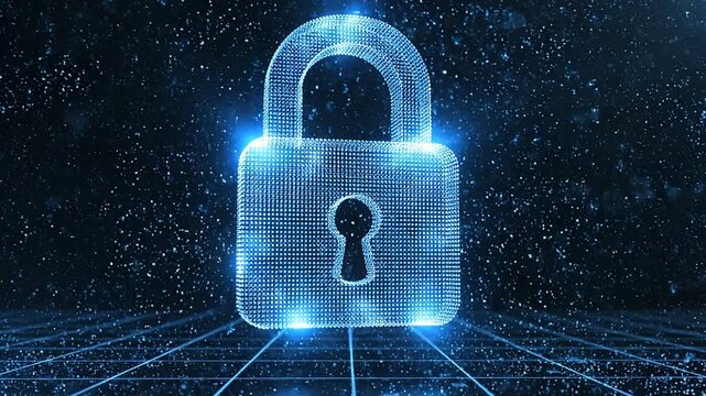 AI generated digital padlock forming from glowing blue data particles on a futuristic grid background, cyber security and encryption concept.