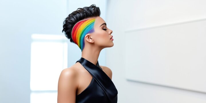 Woman with vibrant rainbow pattern shaved into the side of her hair