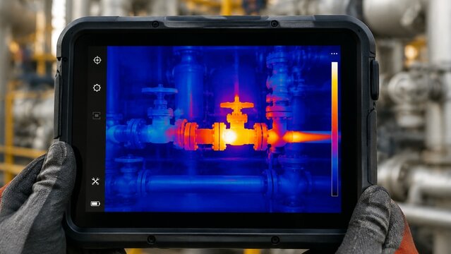 Thermal inspection of industrial pipeline using infrared camera tablet to detect heat leaks and maintenance issues in a refinery