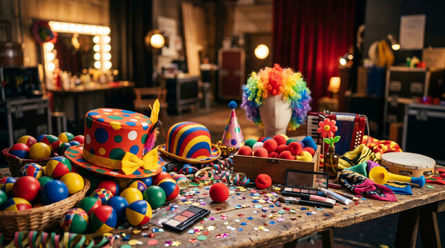 Clown dressing room table with colorful carnival props and juggling balls