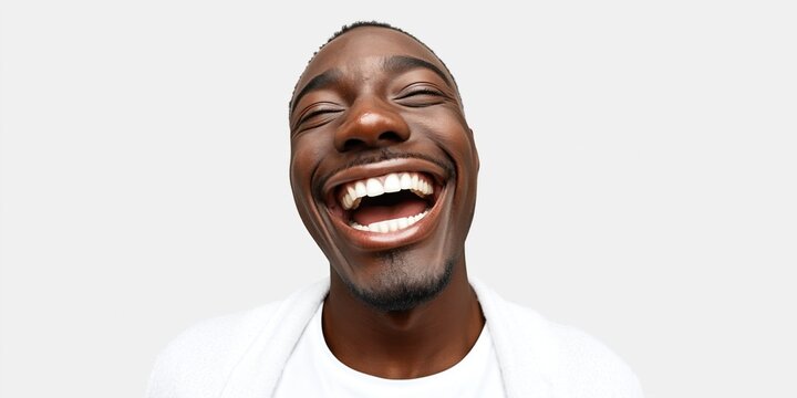 Man with wide open mouth laughing heartily with eyes closed, showing perfect white teeth