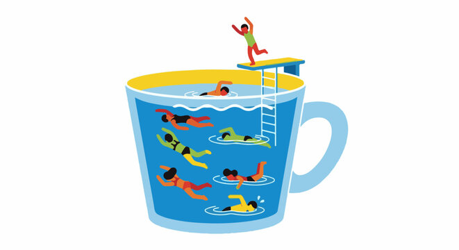 Artistic illustration of a swimming pool inside a cup, with divers and swimmers