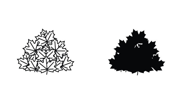 Maple leaf pile vector icon set showing group of autumn leaves in both linear and solid black glyph design styles for seasonal fall nature and forestry themed graphic design project assets