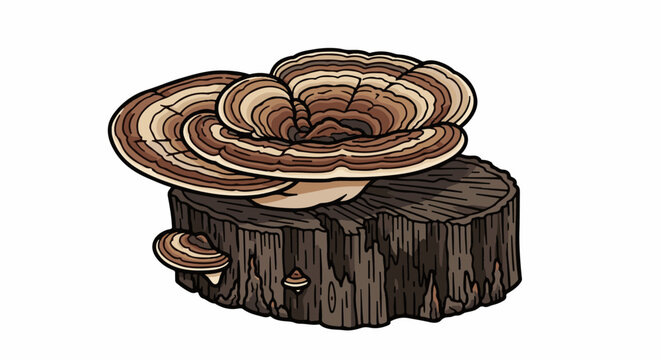 Artist's depiction of concentric-ringed shelf fungi growing on a textured tree stump