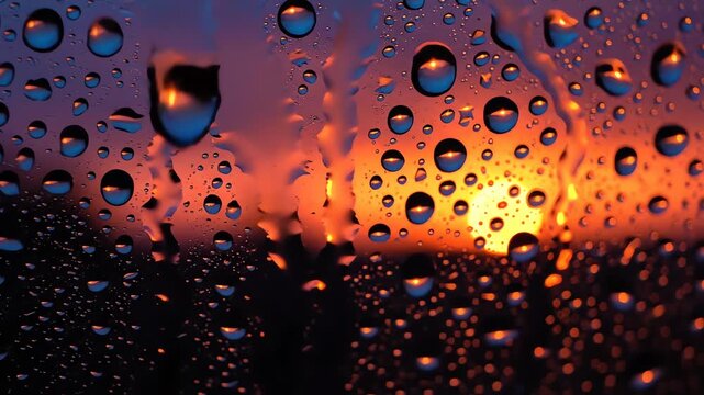 Raindrops on window glass during a golden sunset background