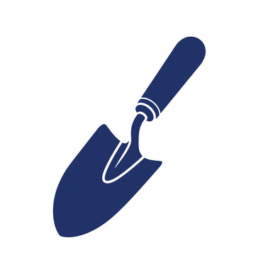 A simple dark blue garden hand trowel positioned at an angle on a clean white background