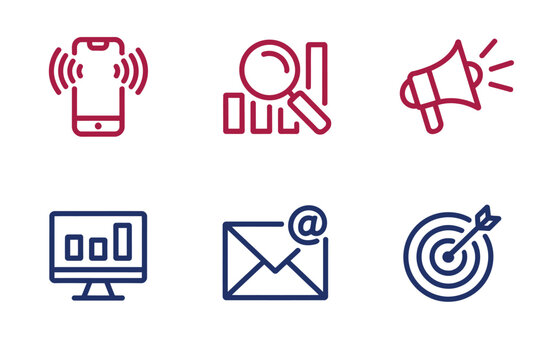 A useful set of six line icons illustrating various digital marketing and communication concepts