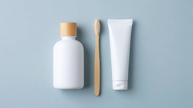 White cosmetic bottle with bamboo cap, bamboo toothbrush, and white toothpaste tube arranged on a light blue background for personal care and hygiene products