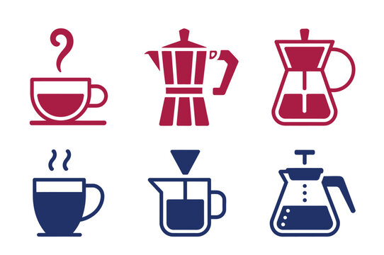 Collection of red and blue minimalist icons illustrating various methods and items for coffee brewing and serving