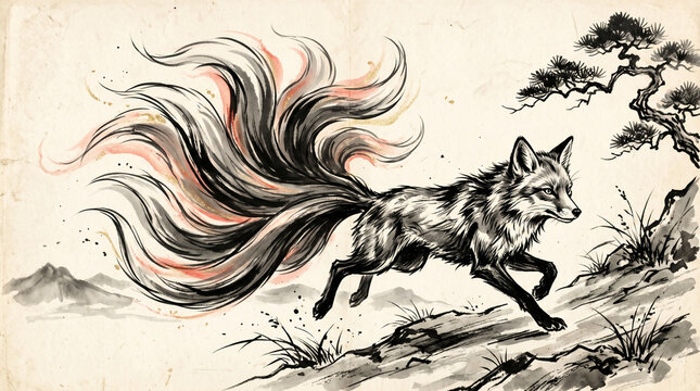 Japanese nine tailed fox kitsune mythical animal in sumi e ink wash painting style