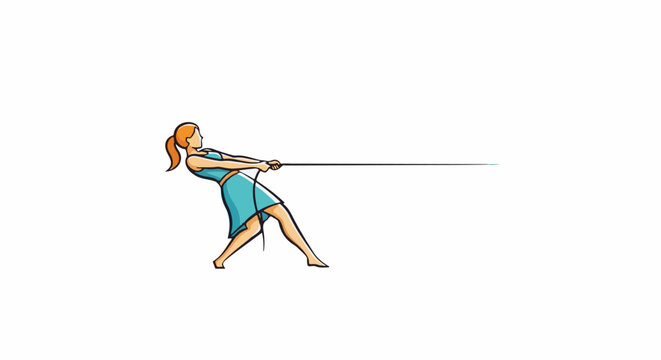 Athletic woman in blue dress powerfully tugs on rope, straining to win