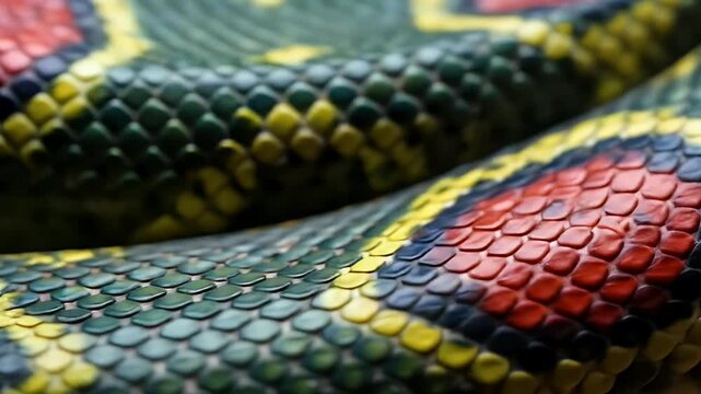Close-up of vibrant green, yellow, and red snake skin texture, detailed scales.