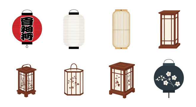 Collection of Traditional Japanese Lanterns in Various Styles and Designs.