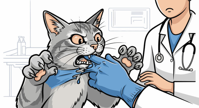 Angry cat bites vet's gloved hand during examination