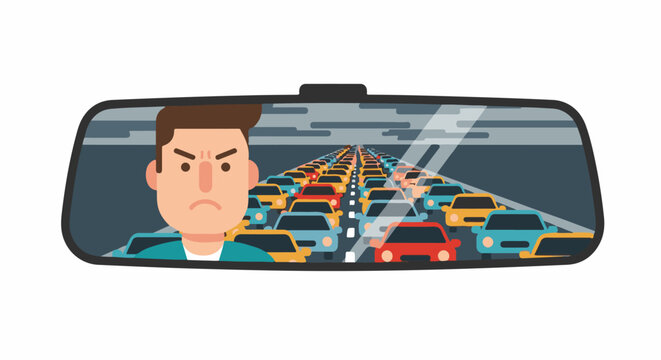Angry driver views gridlocked traffic in the rearview mirror