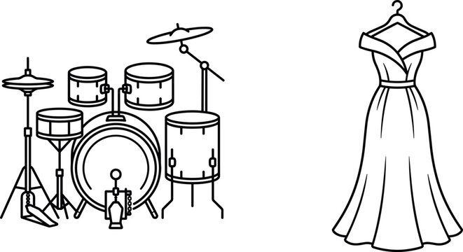 Music and fashion outline icon collection featuring drum set instrument and elegant evening gown clothing vector symbols